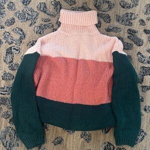 Listicle Pink and Green Colorblock Turtleneck Sweater